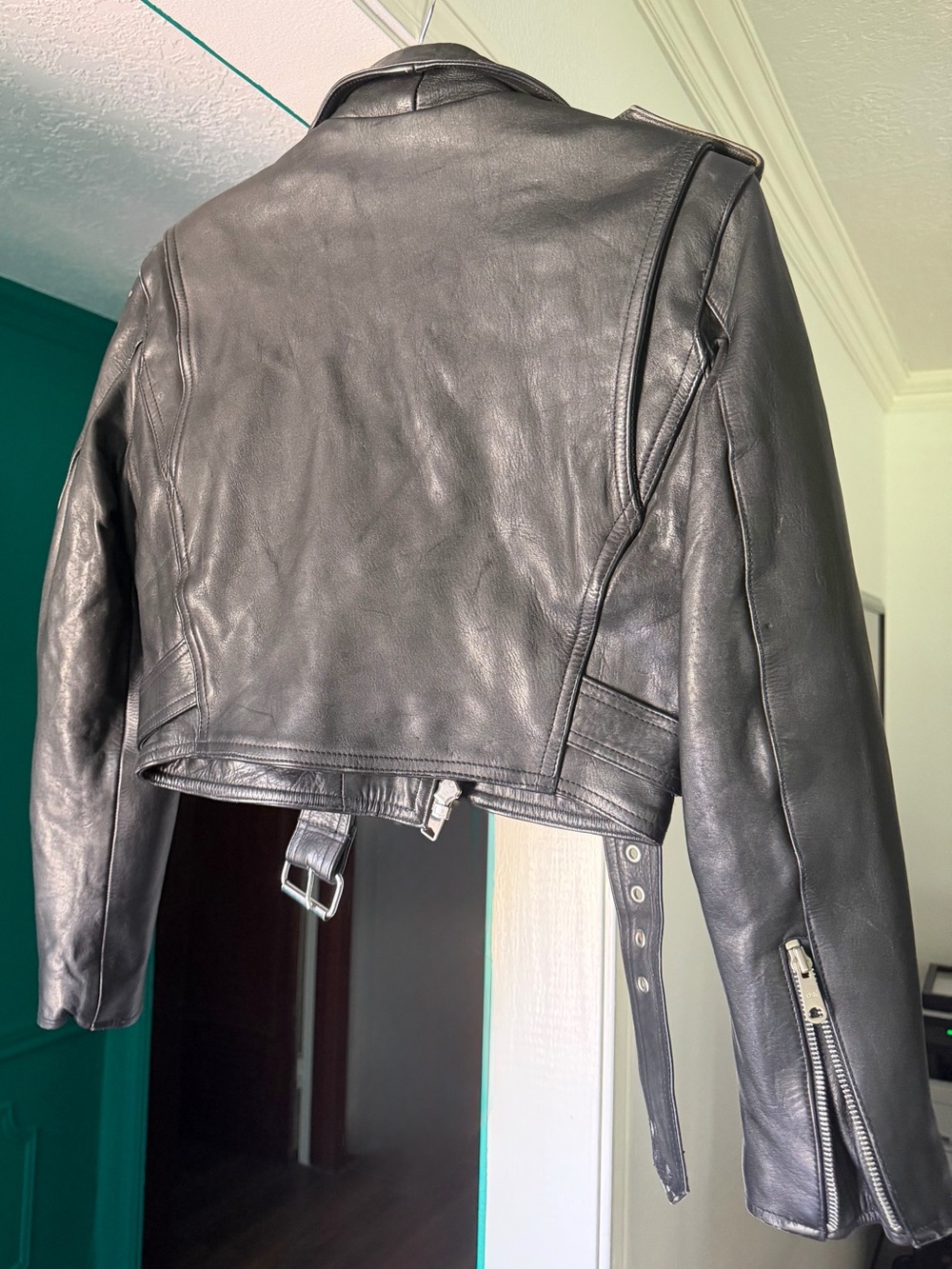 PLG Black Genuine Leather Cropped Moto Jacket with Belt - Picture 9 of 10